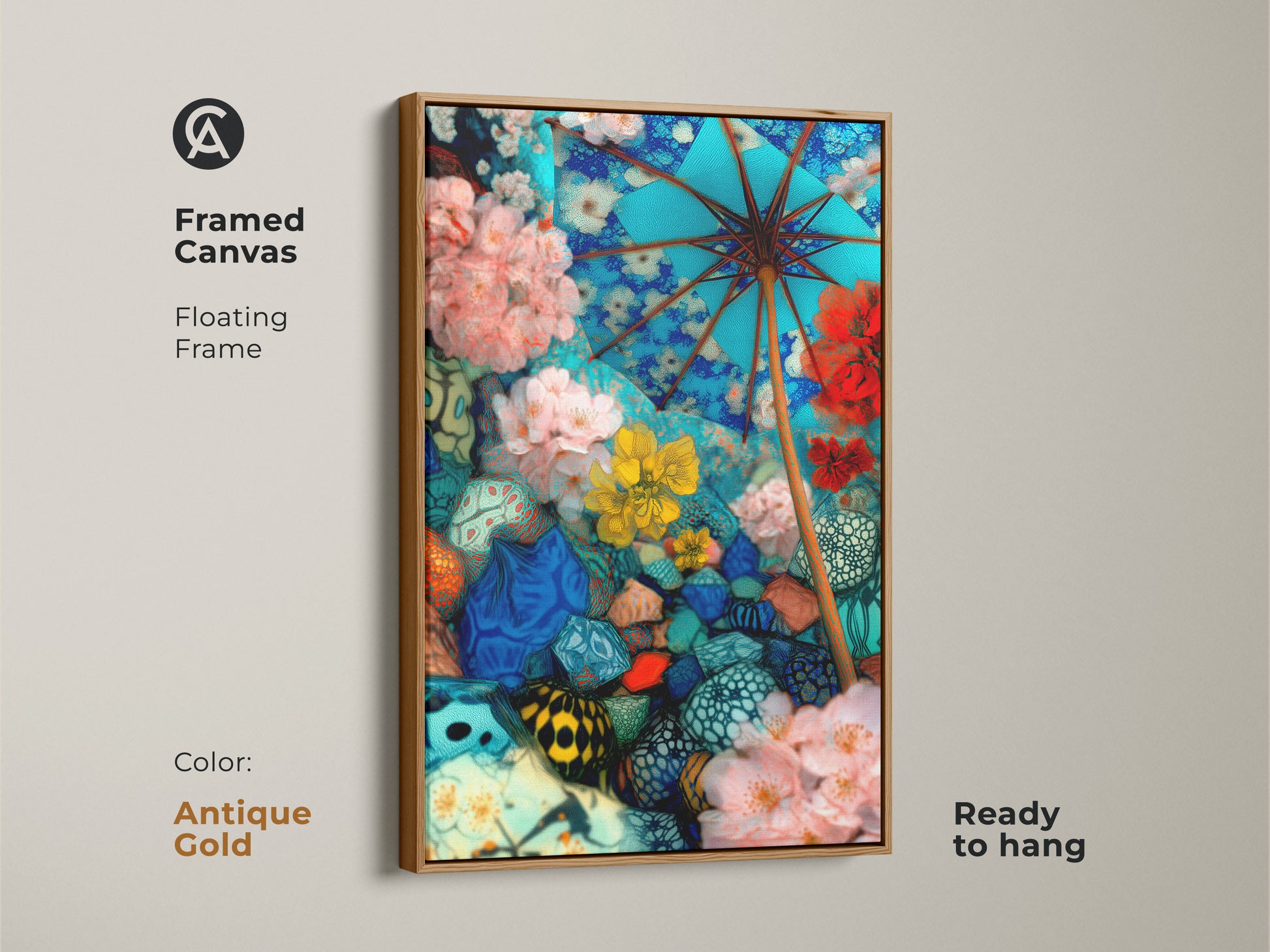 Enhance your living space with this framed canvas featuring surreal floral umbrella art. This abstract botanical wall art is set in a floating antique gold frame. Ready to hang it adds an eclectic touch to bedroom decor. This blue pink and teal artwork makes a statement. It’s a perfect gift for art enthusiasts who love mixed media collage art decor. It’s vibrant and unconventional.