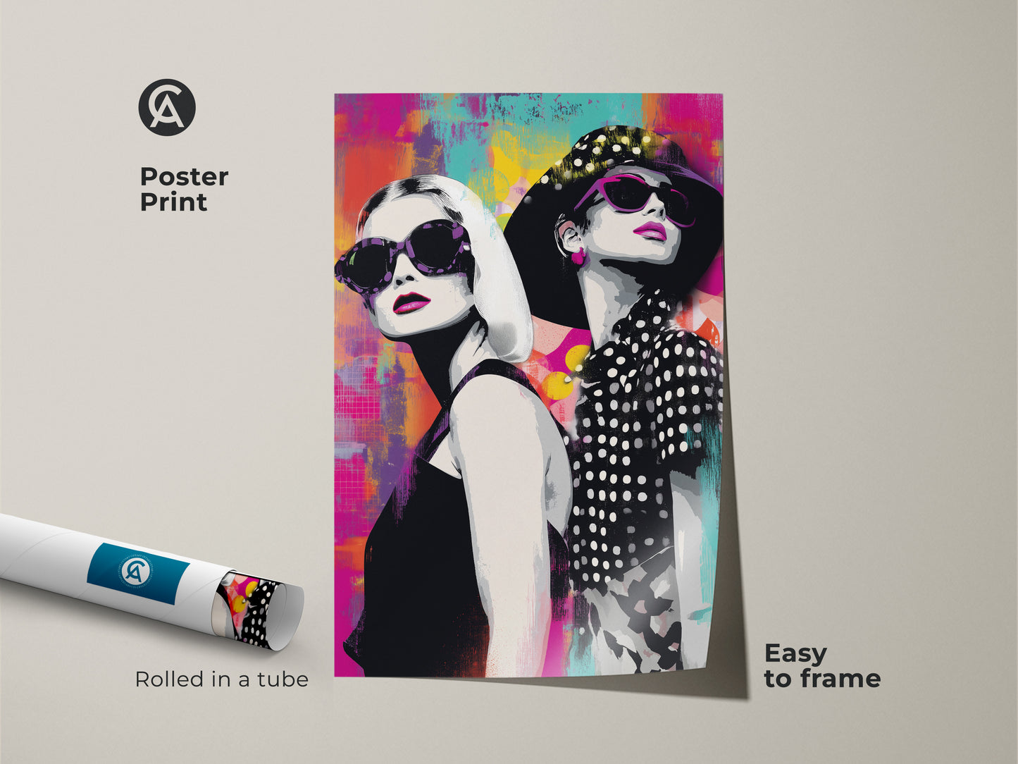 Rolled poster print of a pop art portrait featuring fashionable women with sunglasses. Easy to frame this abstract art piece adds a modern touch to any room. The magenta and teal color palette creates a vibrant statement. This stylish female portrait is perfect for boutique wall decor. A colorful addition to your home.