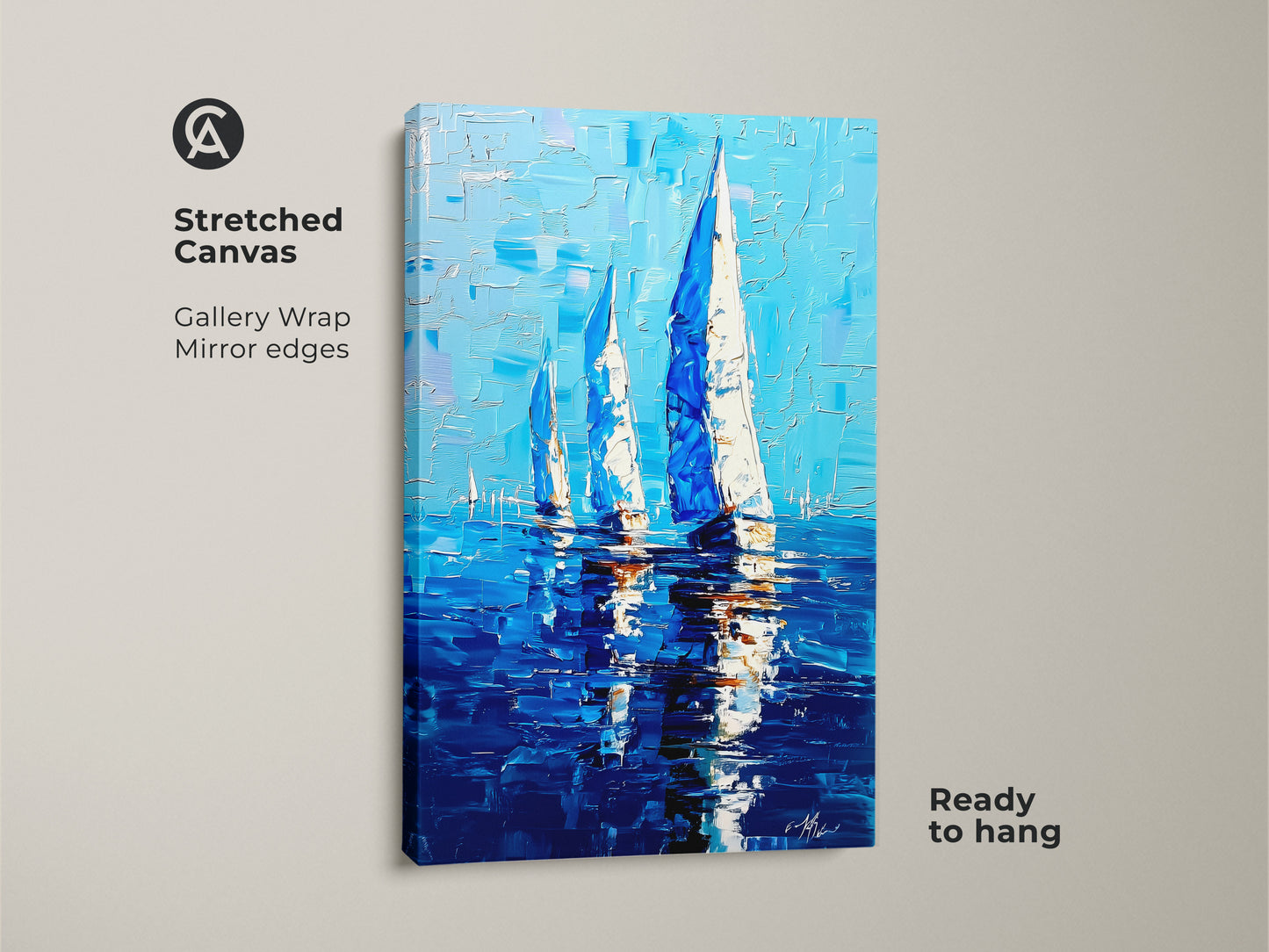 Stretched canvas of sailboat artwork. The coastal seascape print makes nautical wall decor. The deep blue ocean painting is gallery wrapped with mirrored edges. This sailing boat artwork in blue and white canvas is ready to hang. It's perfect for any sailing enthusiast. It adds an ocean view to your home.