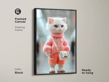 Framed canvas art featuring a charming kitten. The floating frame enhances the artwork's appeal. The black frame complements the kitten's pink outfit. Ready to hang this cute cat art is a delightful addition to any home.