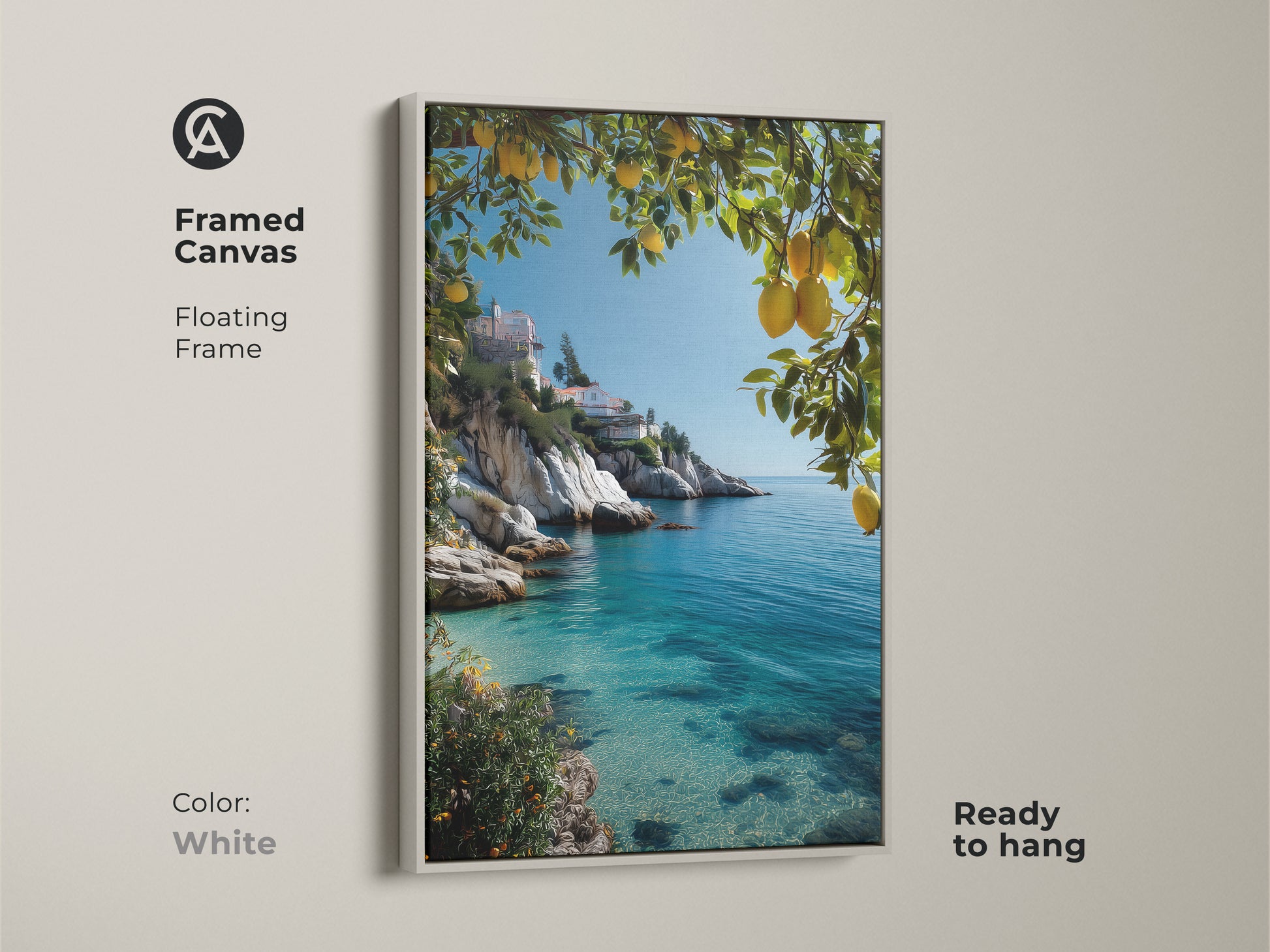 White framed canvas featuring Mediterranean villa artwork. Lemon trees frame the turquoise ocean view. A beautiful coastal landscape art print. Ready to hang beach house decor.