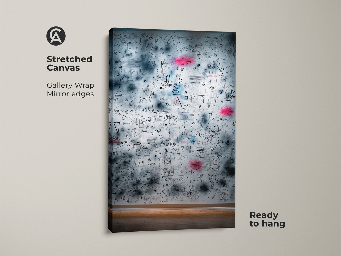 Stretched canvas print showcasing abstract math equations. This unique artwork offers a contemporary style. Its gallery wrap and mirror edges create a clean look. This canvas is ready to hang.