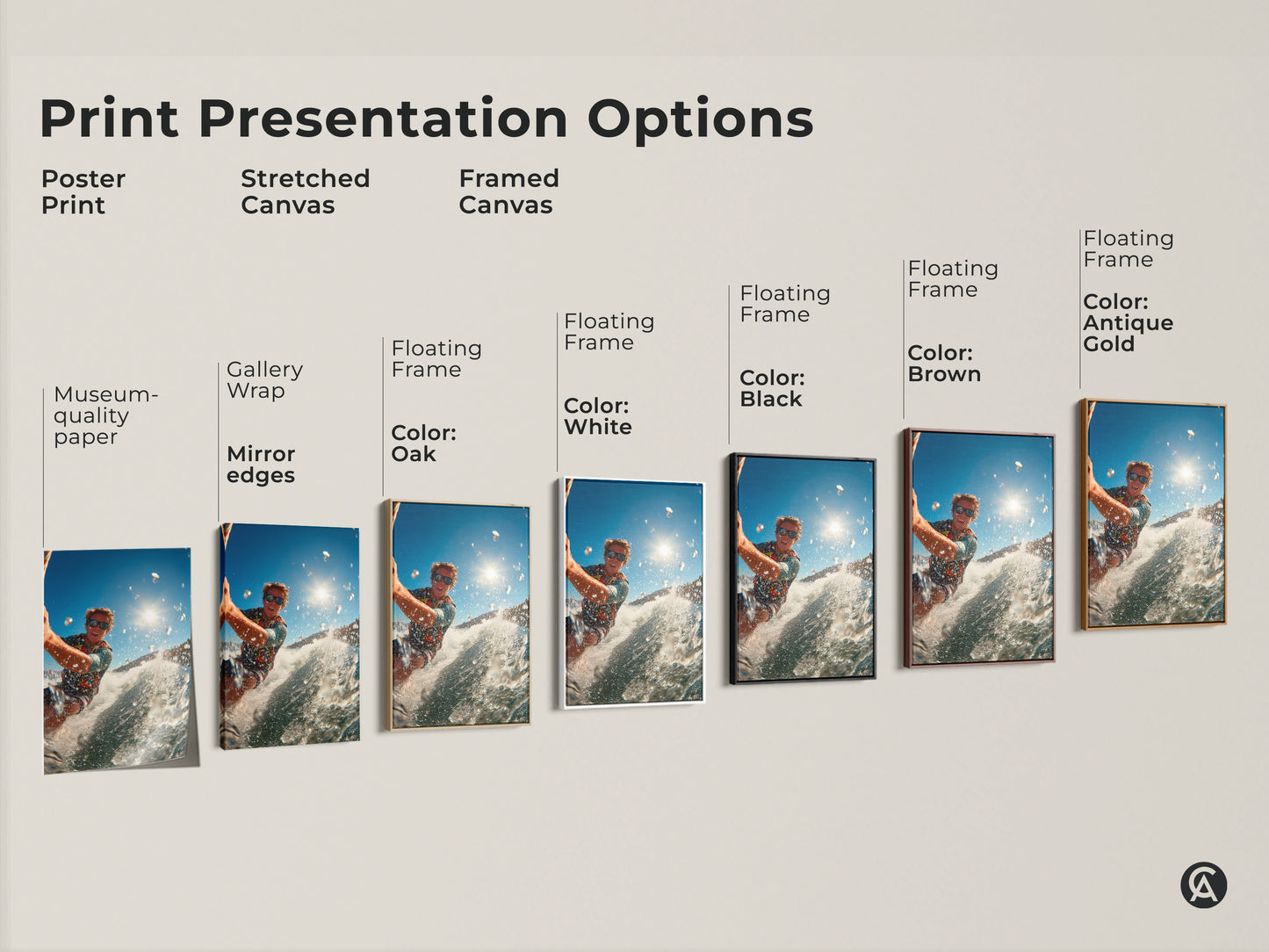Explore our print presentation options. Choose from poster prints stretched canvas and framed canvas. Each art piece features a surfer riding a wave. Find the perfect style to match your decor needs and bring action to your walls.