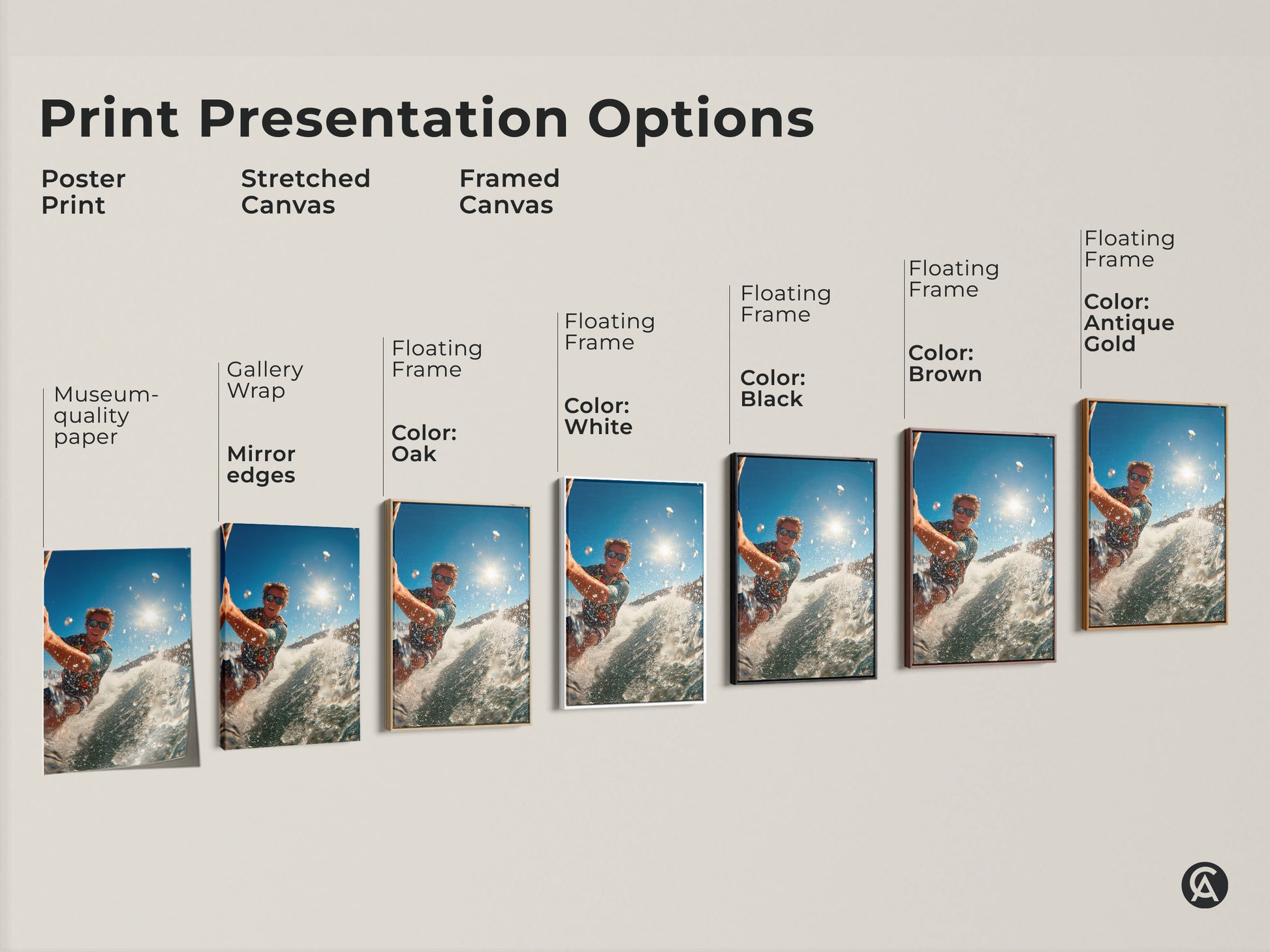 Explore our print presentation options. Choose from poster prints stretched canvas and framed canvas. Each art piece features a surfer riding a wave. Find the perfect style to match your decor needs and bring action to your walls.