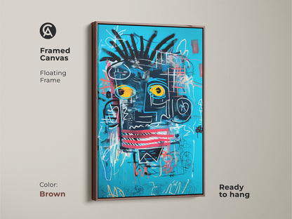 Framed abstract face canvas artwork with a brown floating frame. This turquoise blue and black graffiti art brings an eclectic neo-expressionism touch. A unique portrait enhances any home decor. This canvas print is ready to hang and makes a great birthday present. 