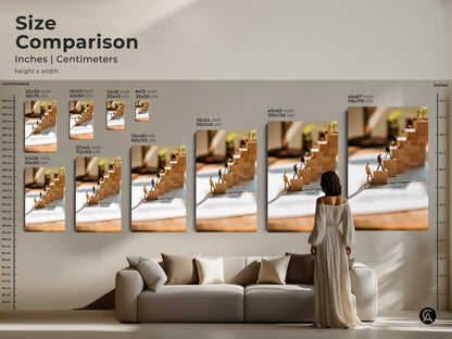 Size comparison of conceptual artwork featuring miniature figures climbing wooden blocks. This print shows different sizes and options for this office wall art. It is perfect motivational decor for your workspace. Available in canvas.