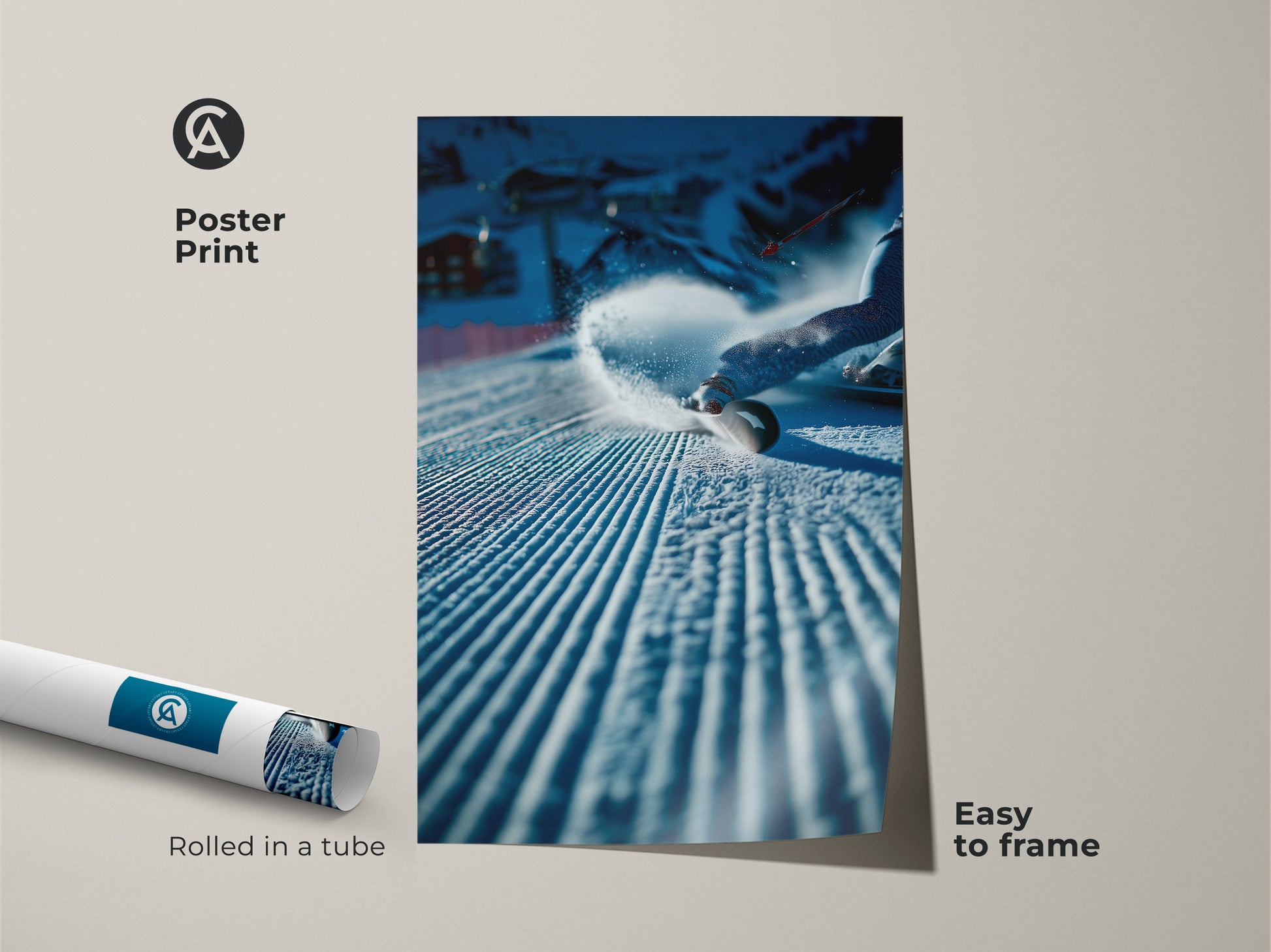 Poster print of a snowboarder carving through fresh snow. This high-quality print comes rolled in a tube. It is easy to frame. Perfect for adding a touch of winter sports to your decor. Buy this poster today.