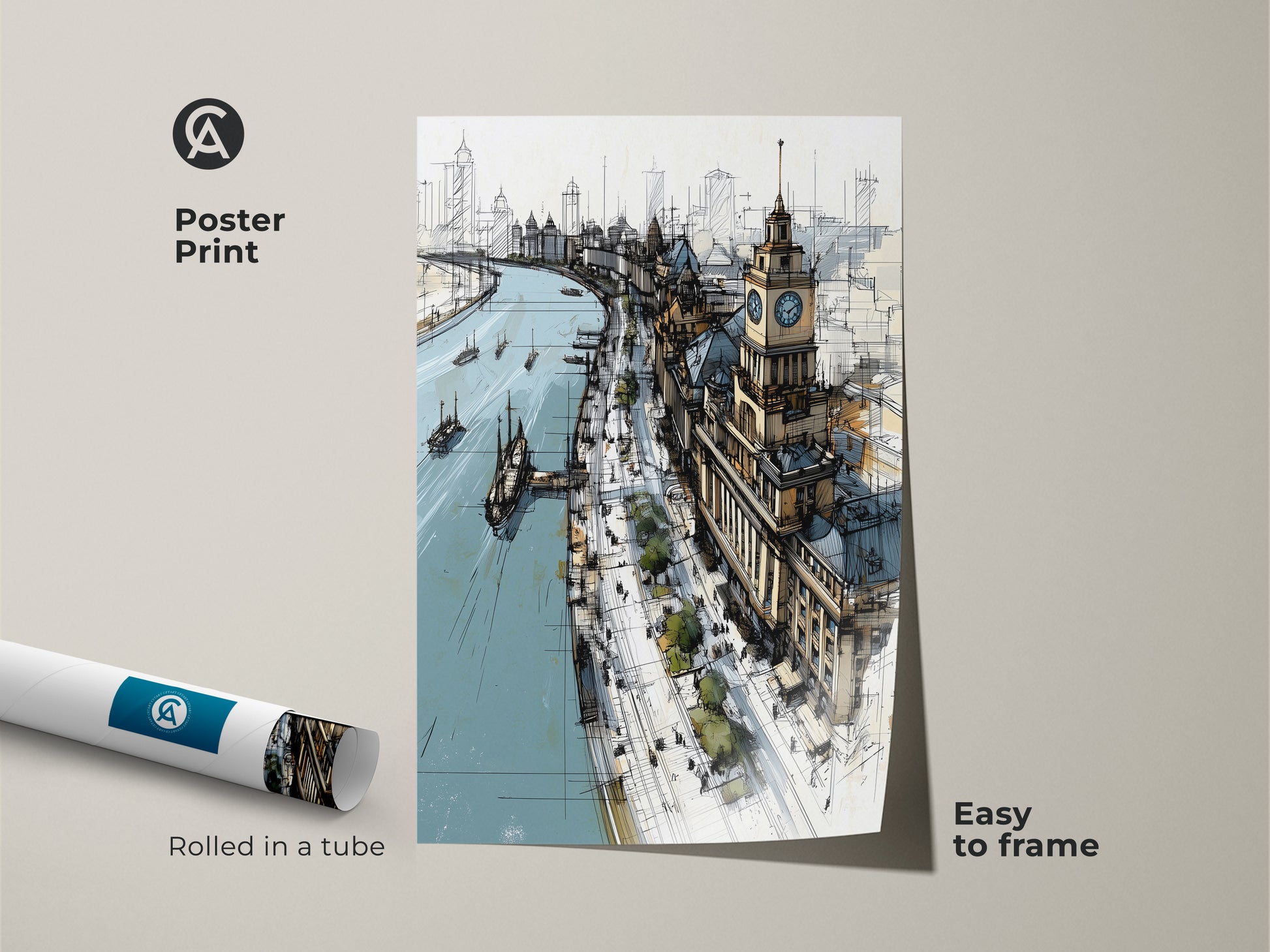 Poster print of a river cityscape sketch rolled in a tube. Easy to frame this beige brown and blue architectural art print. Perfect for modern office decor or as a housewarming gift. Features an urban landscape in a sketch style.