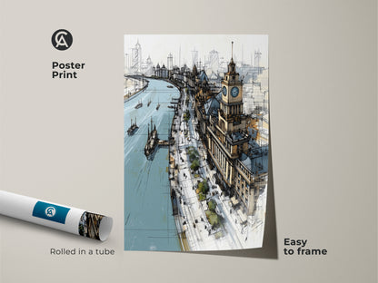 Poster print of a river cityscape sketch rolled in a tube. Easy to frame this beige brown and blue architectural art print. Perfect for modern office decor or as a housewarming gift. Features an urban landscape in a sketch style.