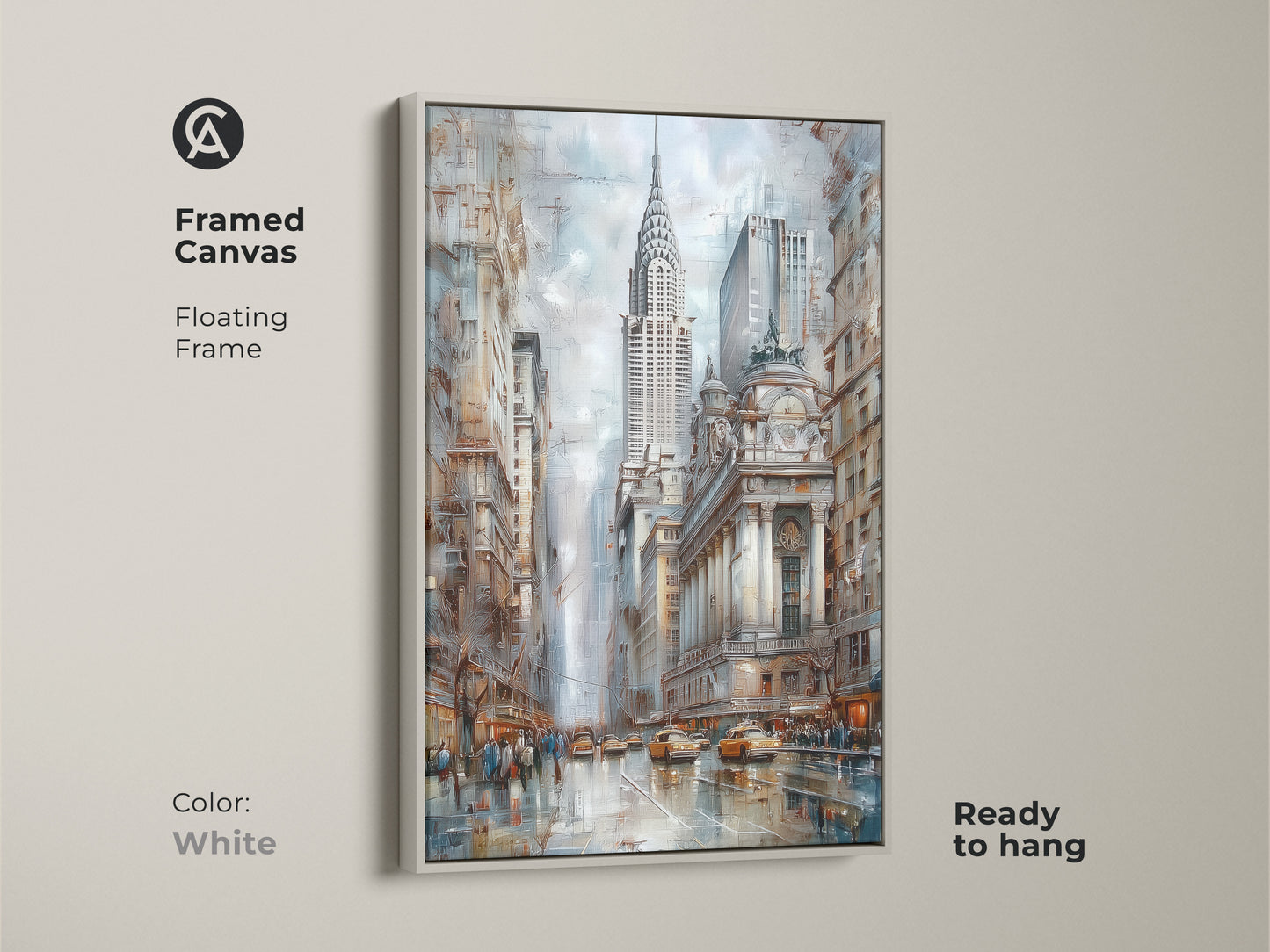 Framed canvas art print featuring the Chrysler Building and NYC skyline. This urban landscape painting is set in a white floating frame. The blue brown and gray cityscape art will make a great housewarming gift. The art piece is ready to hang.