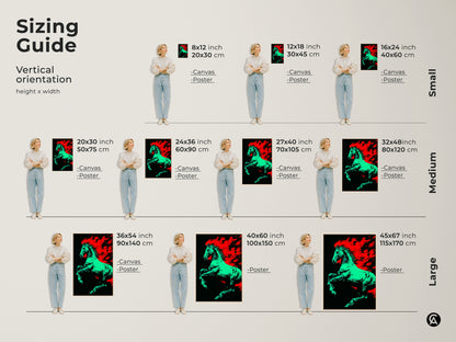 Sizing guide for the eclectic pop art horse canvas print. See how the green and red equine wall art fits in various vertical spaces. Available in small medium and large sizes. Visualize the perfect fit for your study room.