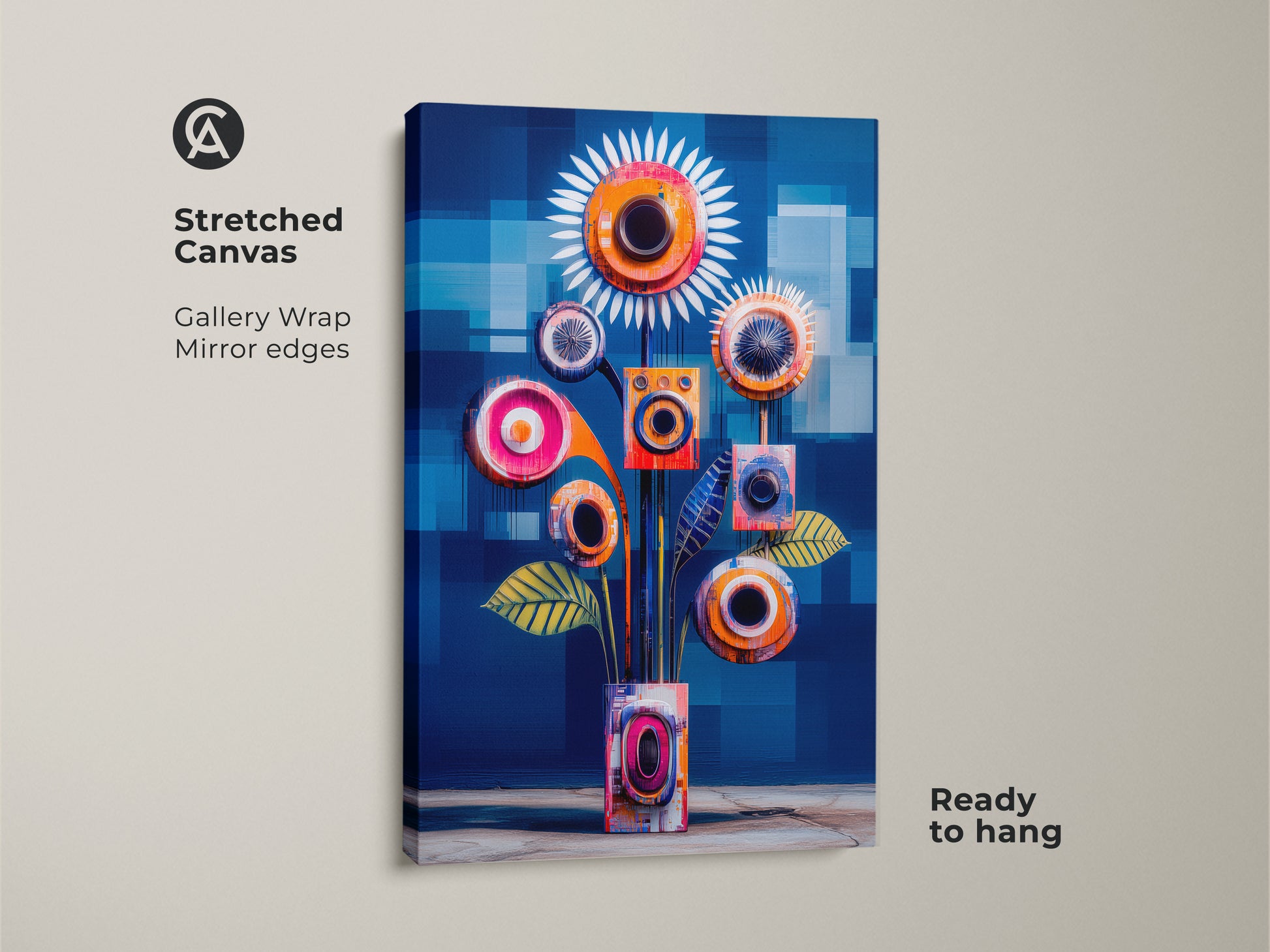 This is a stretched canvas of abstract geometric floral artwork in teal and orange. The mid-century modern print features a gallery wrap with mirrored edges. It is ready to hang adding a modern touch to any living room or office space.