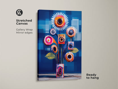 This is a stretched canvas of abstract geometric floral artwork in teal and orange. The mid-century modern print features a gallery wrap with mirrored edges. It is ready to hang adding a modern touch to any living room or office space.