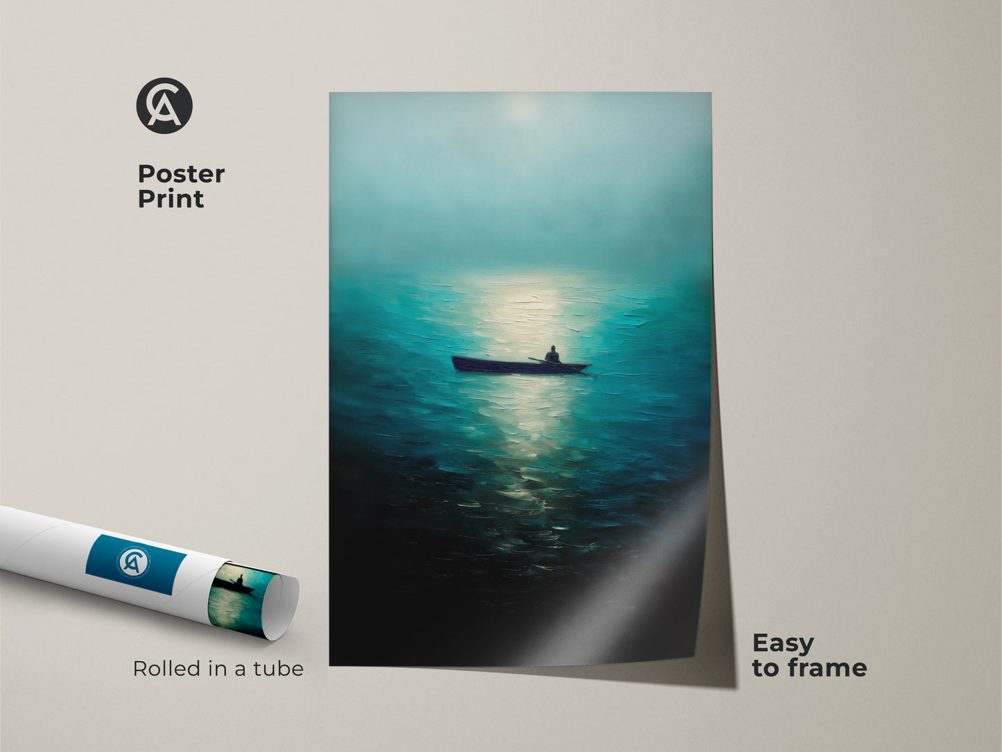 Poster print of a man in a rowboat on a deep blue ocean. This minimalist nature artwork is easy to frame. Rolled in a tube for protection. This impressionistic ocean art adds a touch of solitude to any space. Perfect as a traveler gift idea.