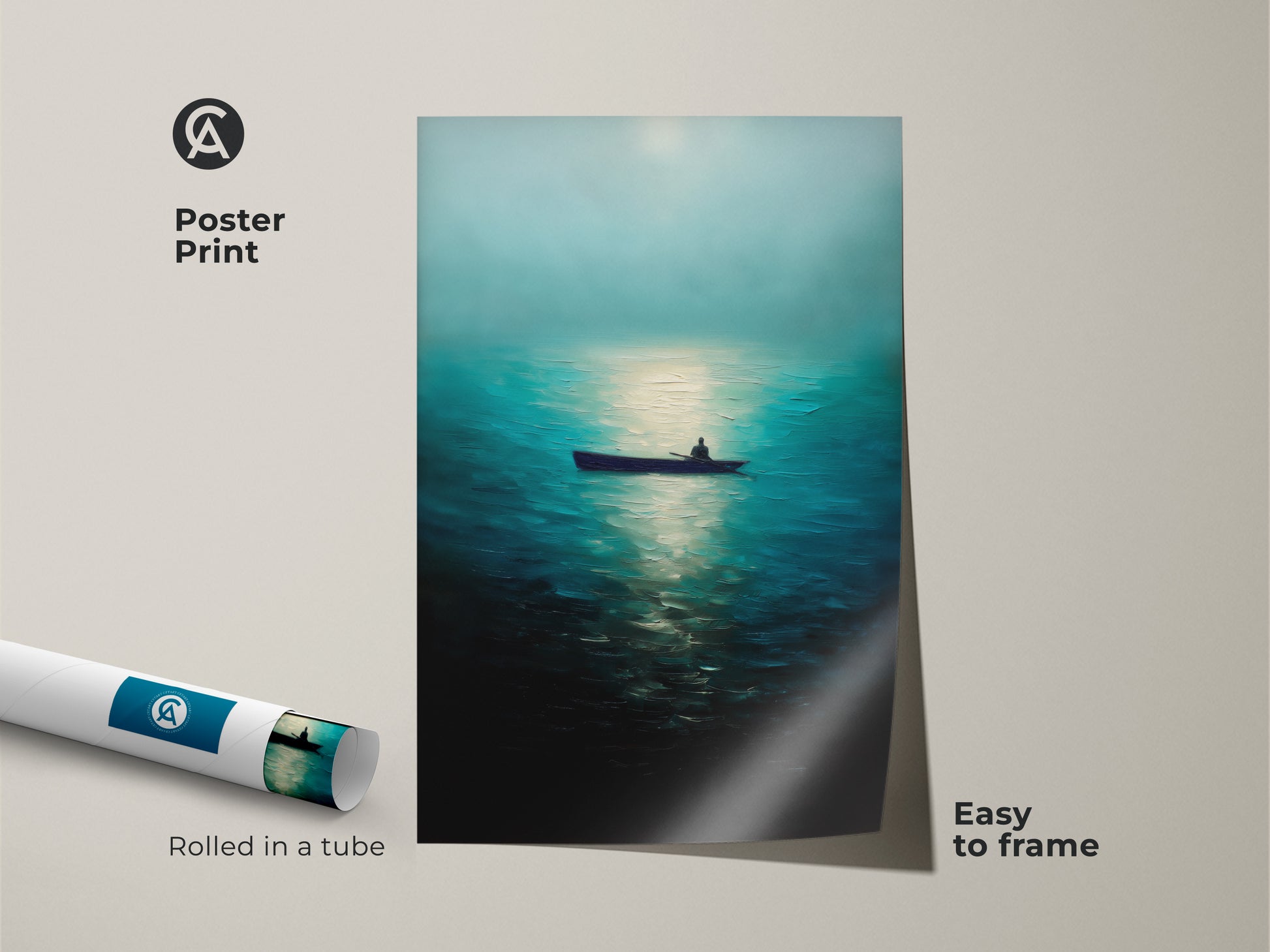 Poster print of a man in a rowboat on a deep blue ocean. This minimalist nature artwork is easy to frame. Rolled in a tube for protection. This impressionistic ocean art adds a touch of solitude to any space. Perfect as a traveler gift idea.