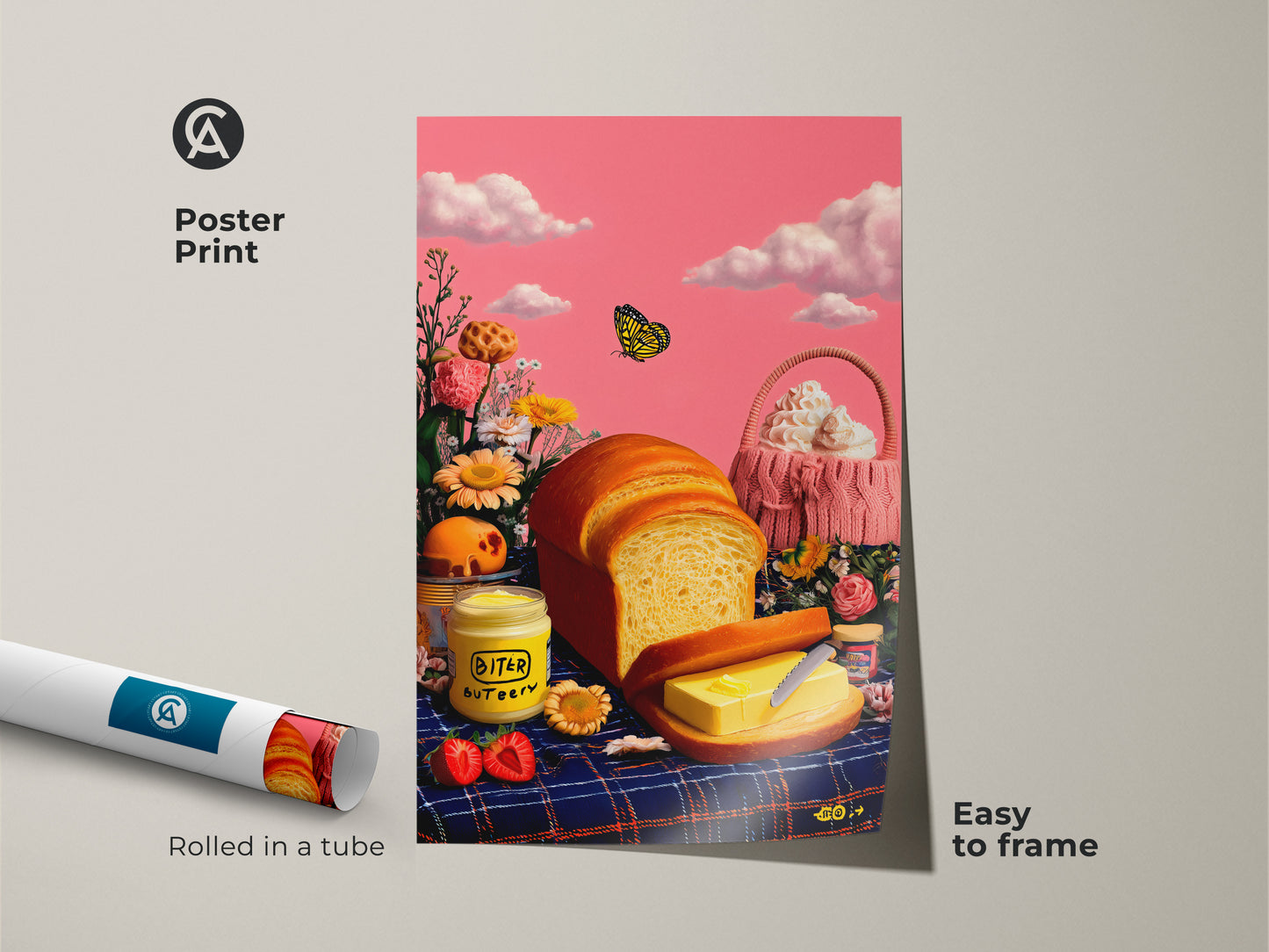 Poster print features surreal bread and butter artwork that's easy to frame. The whimsical kitchen wall decor displays rolled in a tube. A pink sky and yellow butterfly add to this eclectic foodie art print.