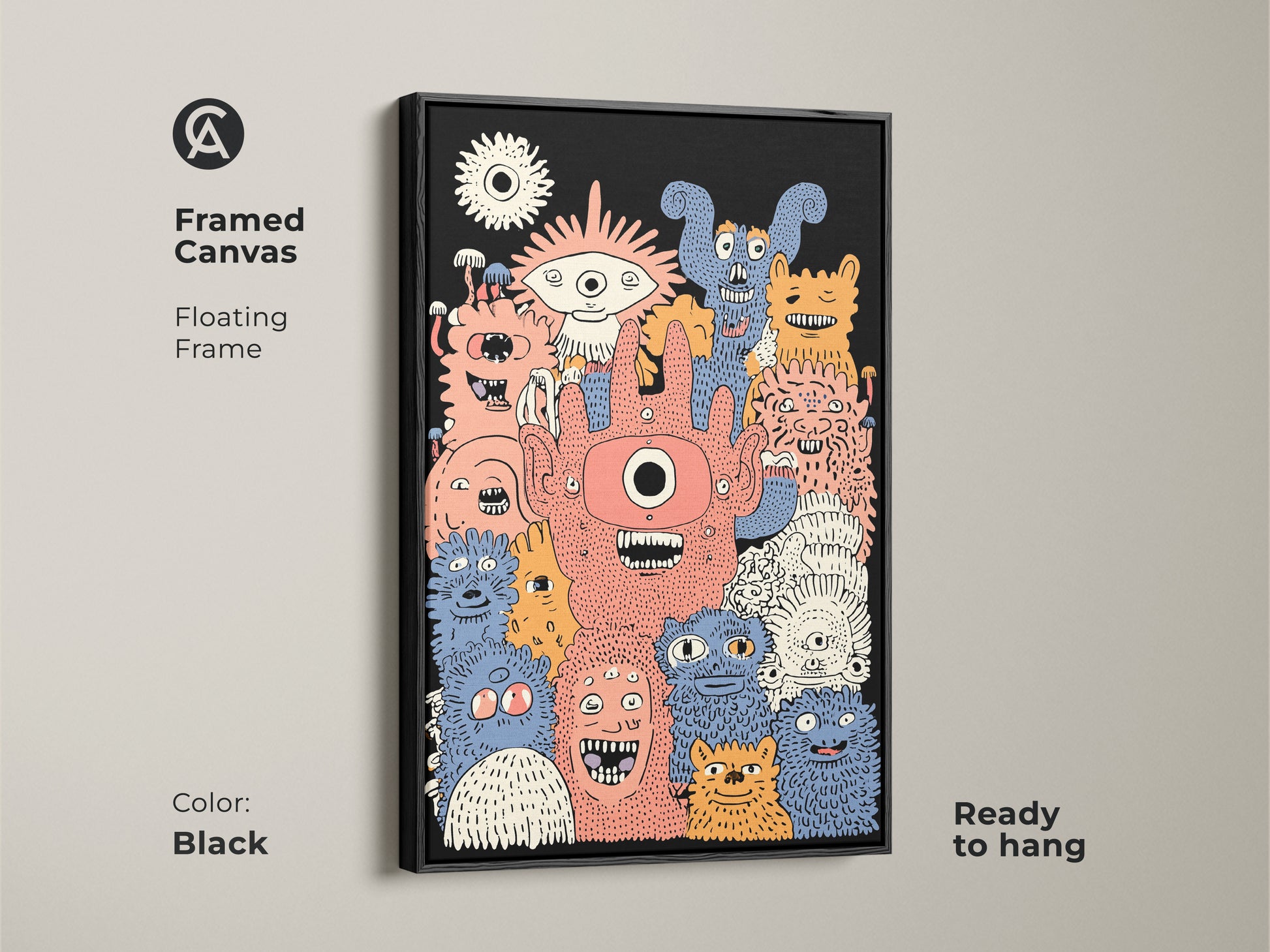 Framed canvas art featuring cartoon monsters. It is ready to hang with a black floating frame. The eclectic kids room decor includes a unique monster illustration. This artwork is a funny creature wall decor piece for children.