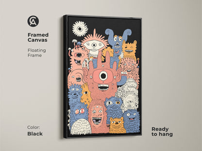 Framed canvas art featuring cartoon monsters. It is ready to hang with a black floating frame. The eclectic kids room decor includes a unique monster illustration. This artwork is a funny creature wall decor piece for children.