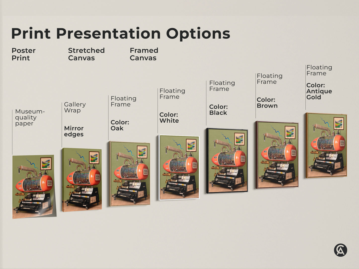 Print presentation options showcase a steampunk invention. Retrofuturism machine art is available as poster print or stretched canvas. Choose framed canvas with various floating frame colors. A unique industrial gears artwork print.