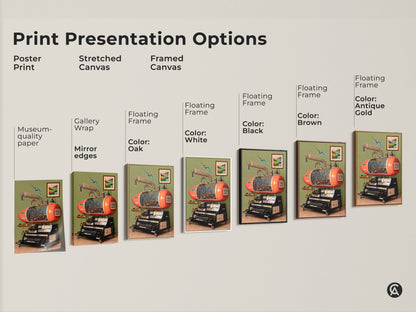 Print presentation options showcase a steampunk invention. Retrofuturism machine art is available as poster print or stretched canvas. Choose framed canvas with various floating frame colors. A unique industrial gears artwork print.