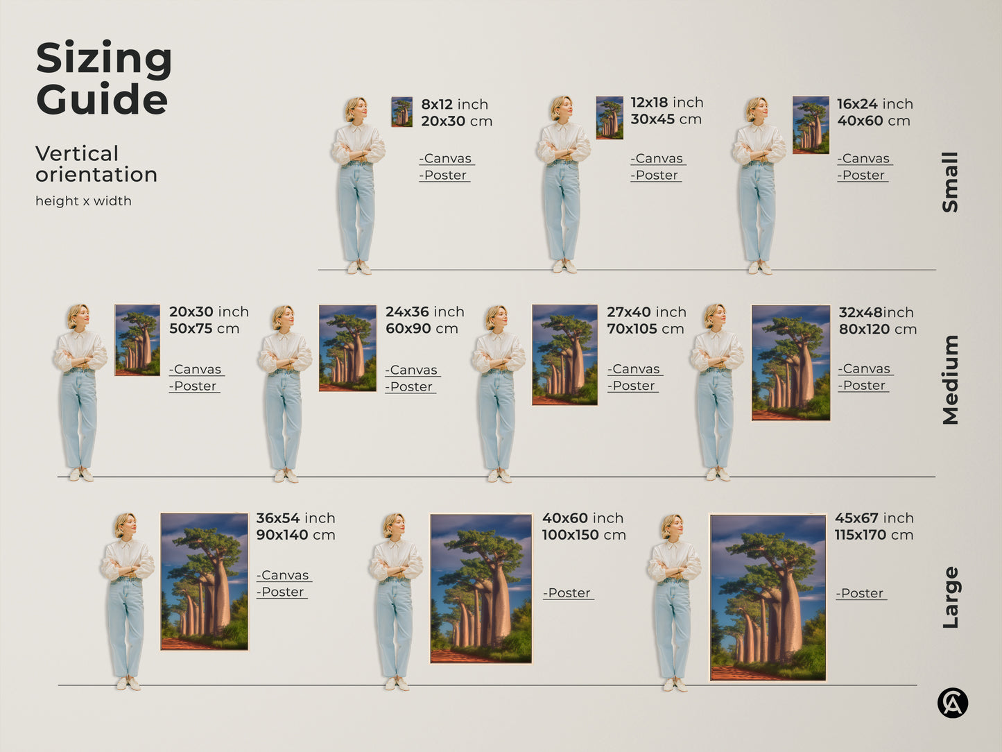 Sizing guide for realistic Baobab trees canvas and poster prints. Vertical orientation options suit various wall sizes. This African landscape artwork enhances boho decor. Find the perfect nature lover gift.