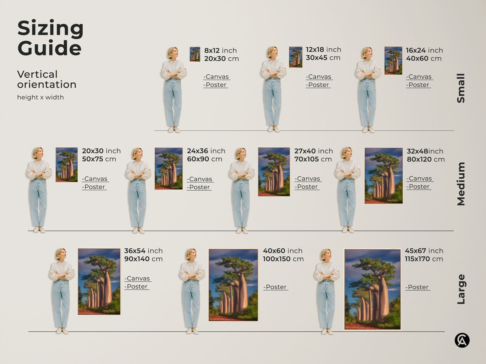Sizing guide for realistic Baobab trees canvas and poster prints. Vertical orientation options suit various wall sizes. This African landscape artwork enhances boho decor. Find the perfect nature lover gift.
