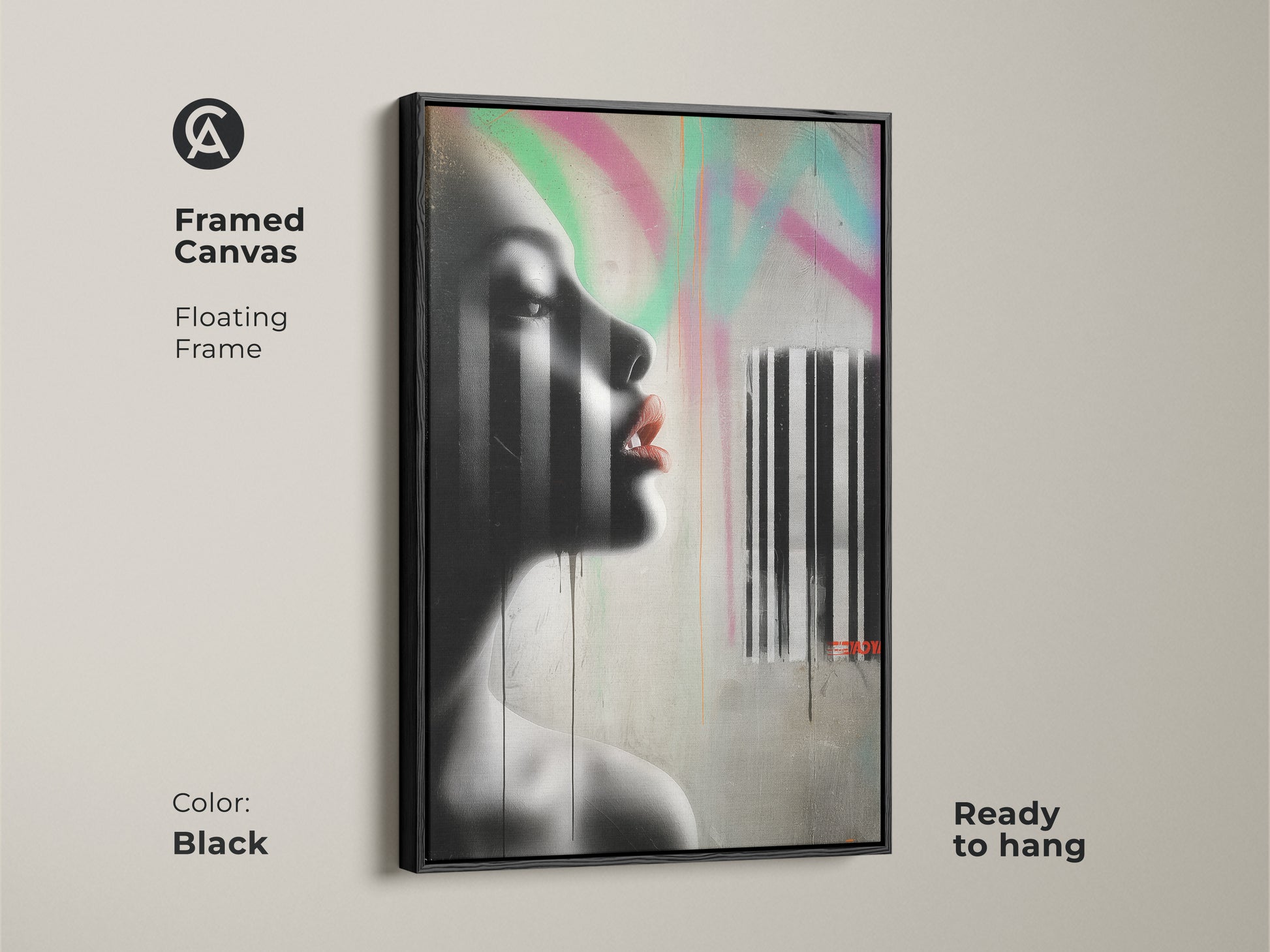 Framed canvas of a contemporary woman portrait. This urban graffiti artwork combines black white and pink abstract elements. Floating frame adds sophistication. Perfect edgy home wall art ready to hang. Elevate your space with this modern female portrait.