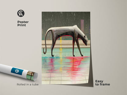 Poster print of surreal panther artwork rolled in a tube. Easy to frame this urban rain art print. Admire the abstract panther artwork. Black cat art decor adds a unique touch to any room. The perfect animal lover housewarming present.