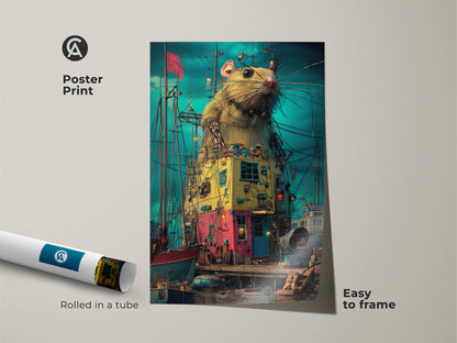 A steampunk rat poster print featuring a surreal harbor. Rolled in a tube and easy to frame. This unique animal artwork blends fantasy with industrial elements. Its teal and yellow tones create a distinctive nautical theme. Perfect for eclectic home decor.