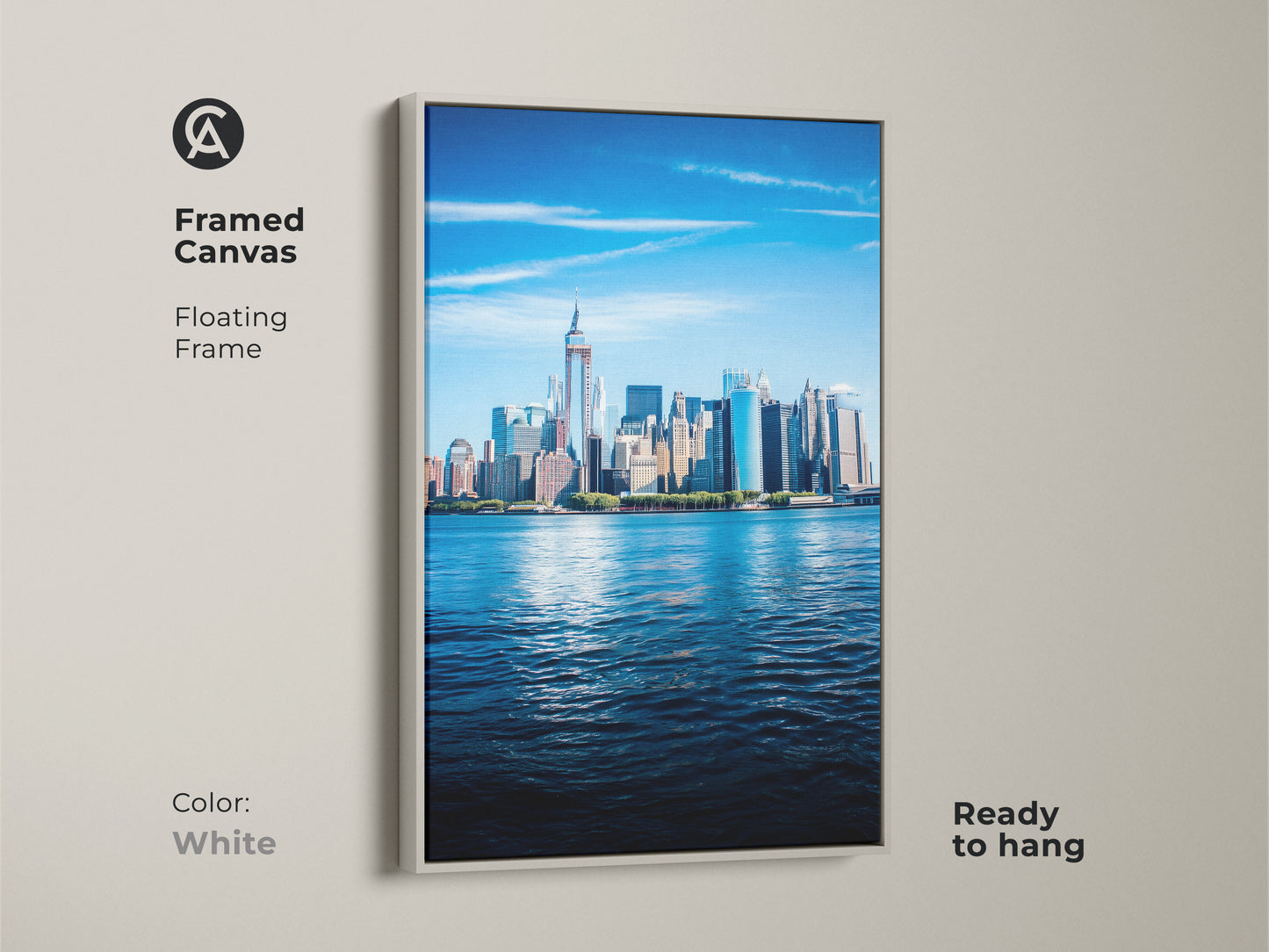 Framed canvas of the NYC skyline art with a floating white frame. Ready to hang modern art complements a modern home. It is a bright blue city art.