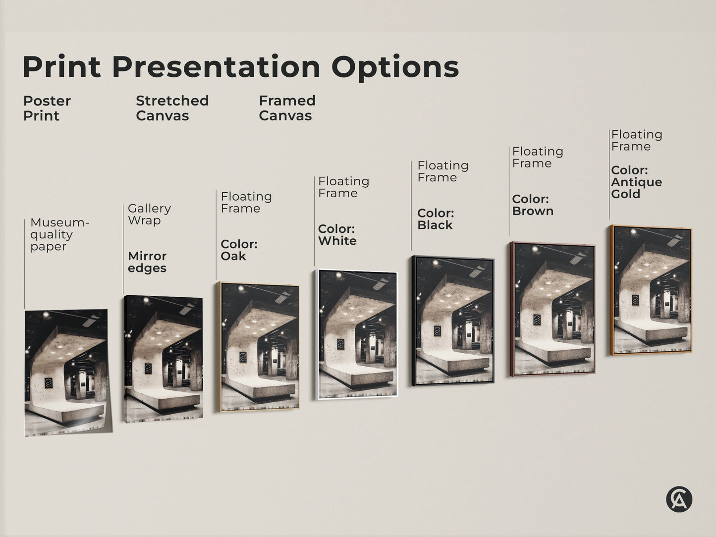 Explore various print presentation options. Black and white Brutalist art print. Options includes poster print stretched canvas framed canvas. Concrete artwork adds modernism. Minimalist office decor perfect for any space and is ideal for architecture enthusiasts.