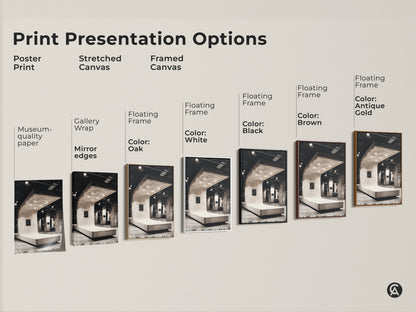 Explore various print presentation options. Black and white Brutalist art print. Options includes poster print stretched canvas framed canvas. Concrete artwork adds modernism. Minimalist office decor perfect for any space and is ideal for architecture enthusiasts.
