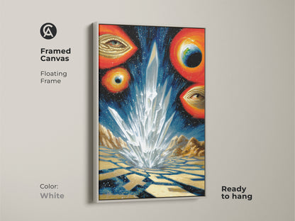 Framed Canvas featuring surreal crystal landscape art with cosmic space eyes and earth in white frame. Ready to hang abstract celestial artwork with floating frame is perfect as a unique home decor gift for space lovers. Its abstract visuals add cosmic charm.