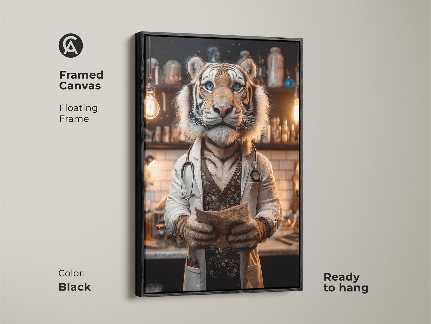 Framed canvas art of a tiger doctor with a black floating frame. This ready-to-hang artwork adds sophistication to your home or office. The unique art piece is sure to spark conversation.