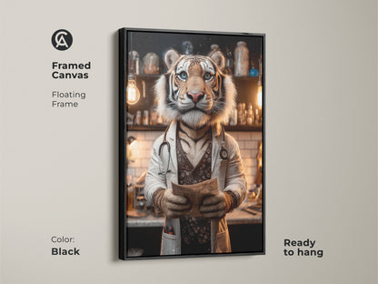 Framed canvas art of a tiger doctor with a black floating frame. This ready-to-hang artwork adds sophistication to your home or office. The unique art piece is sure to spark conversation.