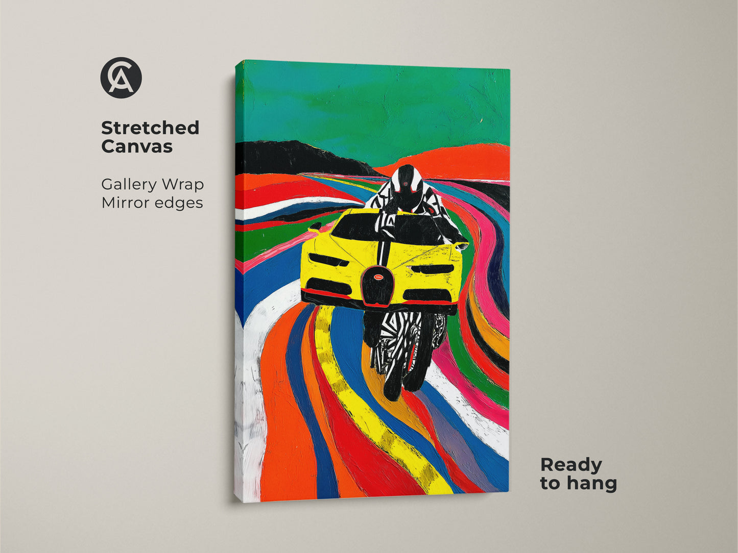 This stretched canvas presents a striking Yellow race car Pop Art. Gallery wrap mirror edges offer a modern touch. Ready to hang this artwork adds an energetic feel to any space. Perfect for automotive art lovers it enhances any office or living room. Its vibrant colors and abstract art style make it an eye catching focal point.