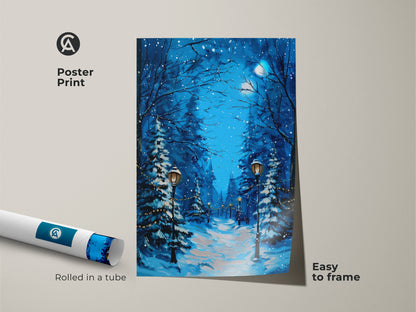 Poster print of a winter landscape. The snowy path is illuminated by street lamps. Rolled in a tube this deep blue teal print is easy to frame. This rustic Christmas gift evokes a winter wonderland a perfect art for bedroom.