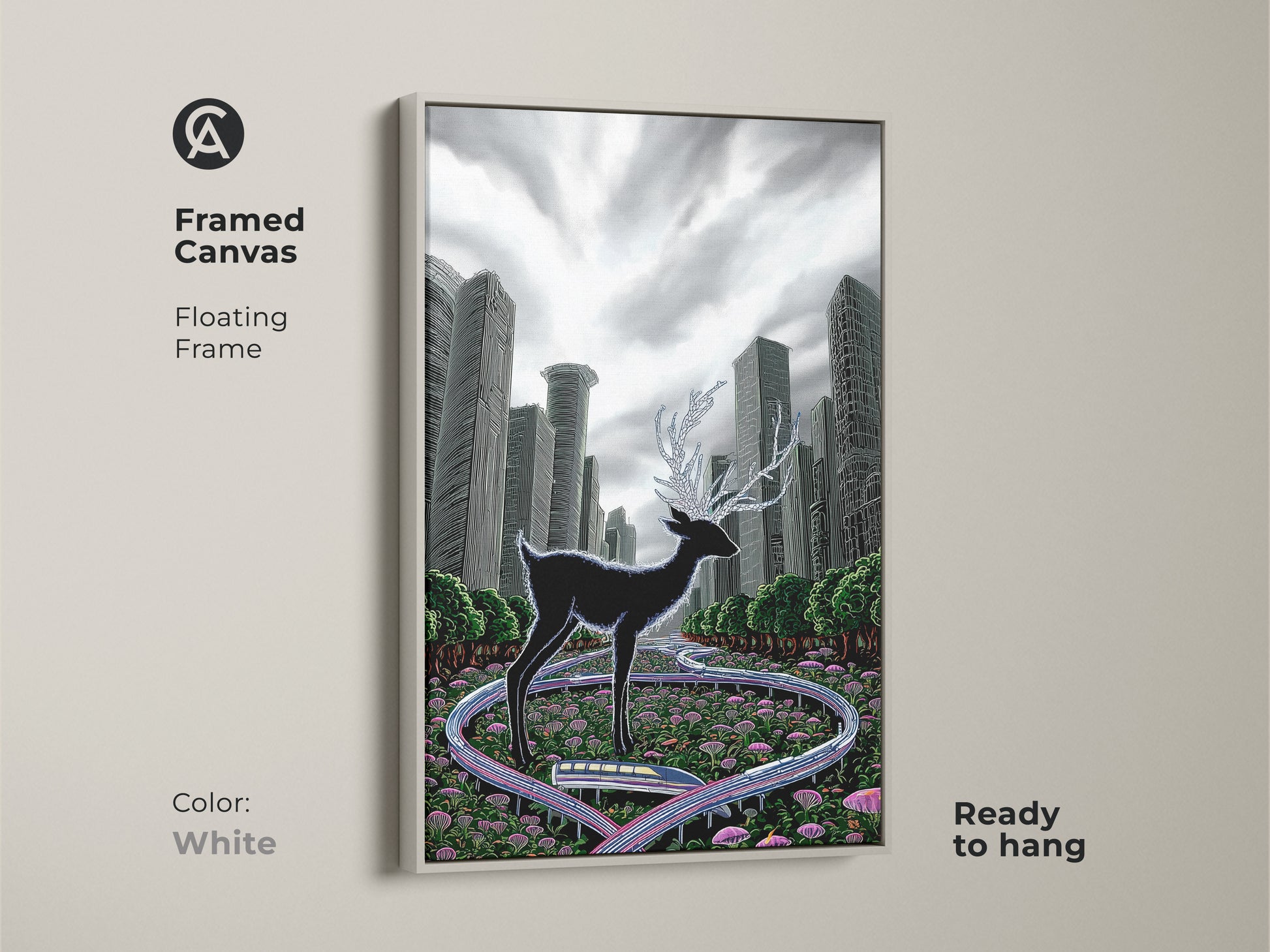 Admire the surreal deer art with a white floating frame. This canvas features a black deer in a cityscape. It's ready to hang. The green grey artwork adds a modern touch. Ideal for eclectic decor. A great housewarming gift for animal lovers.