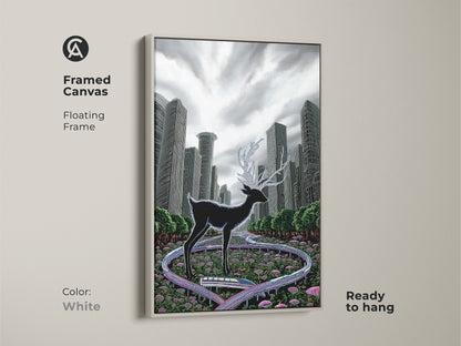 Admire the surreal deer art with a white floating frame. This canvas features a black deer in a cityscape. It's ready to hang. The green grey artwork adds a modern touch. Ideal for eclectic decor. A great housewarming gift for animal lovers.