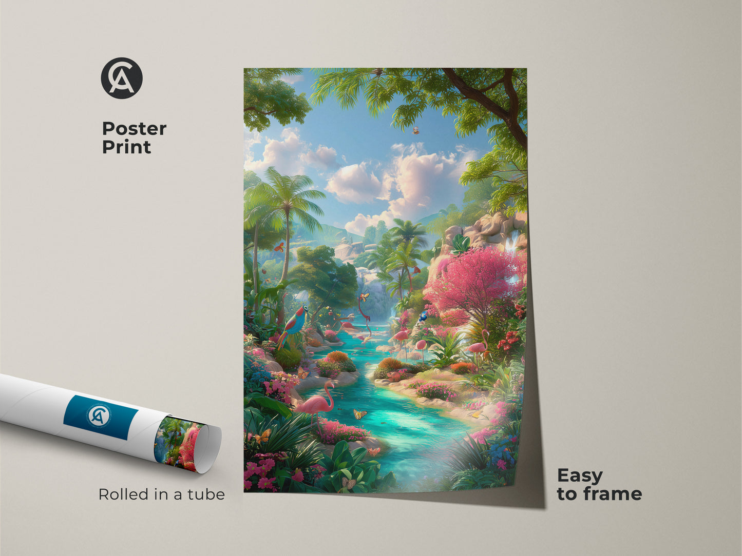 Poster print showcasing a tropical flamingo river landscape. This museum-quality paper art is rolled in a protective tube for easy framing. Add a splash of color and serenity to your home decor with this vibrant art.