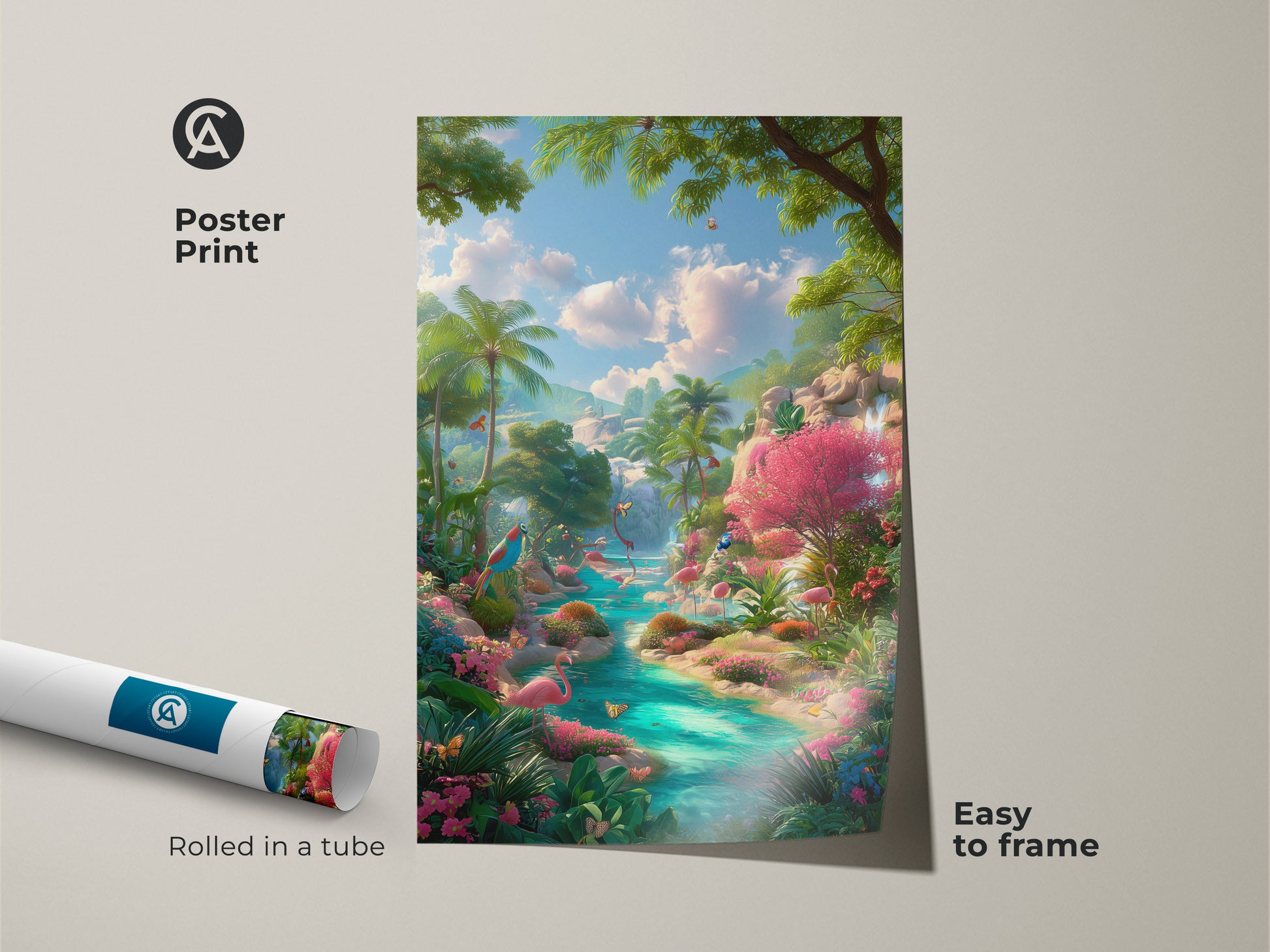 Poster print showcasing a tropical flamingo river landscape. This museum-quality paper art is rolled in a protective tube for easy framing. Add a splash of color and serenity to your home decor with this vibrant art.