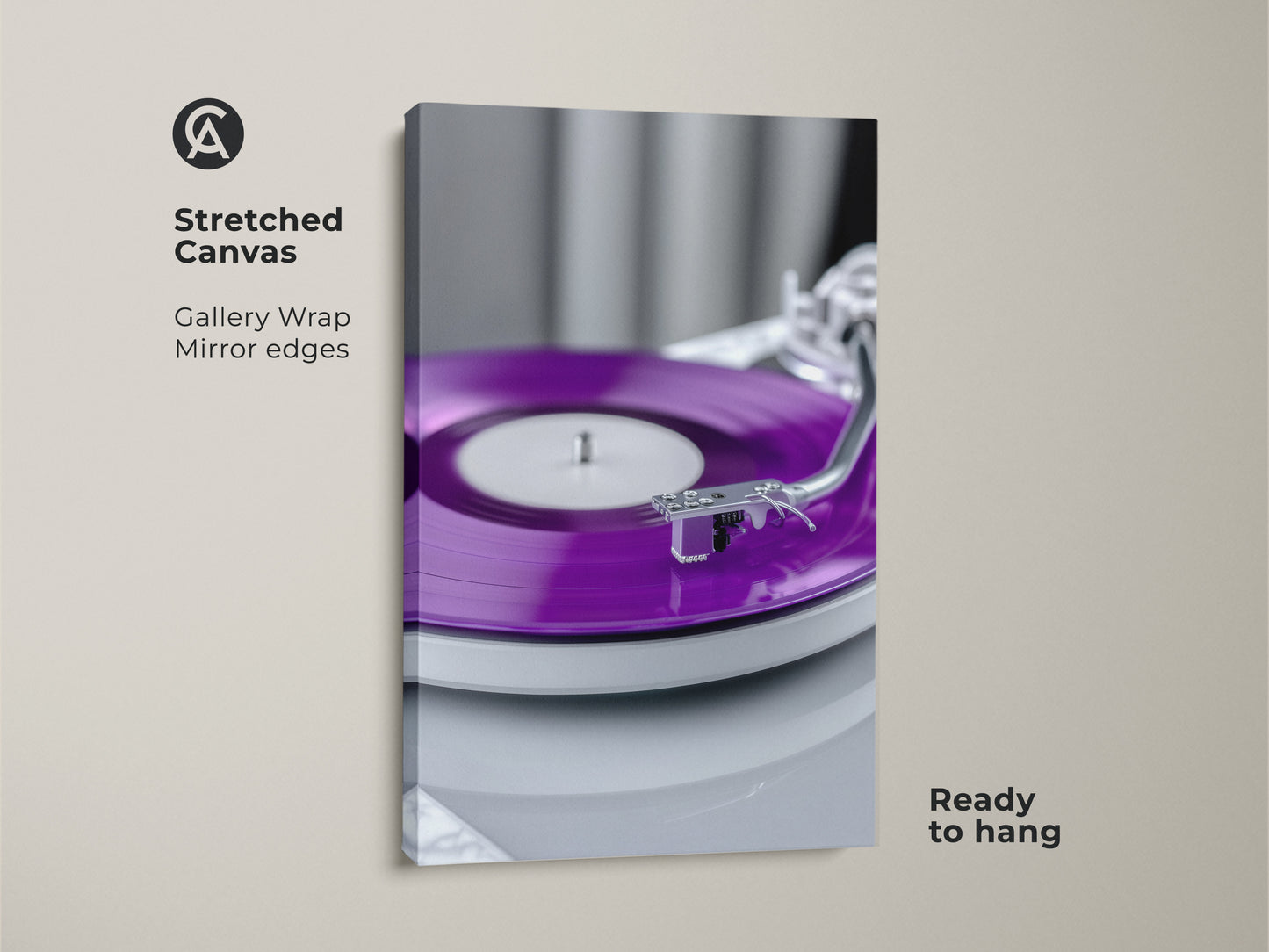A stretched canvas gallery wrap featuring purple vinyl record art. The artwork embodies a retro music aesthetic. Mirror edges enhance this turntable canvas print. It arrives ready to hang. It's a great gift for record collectors.