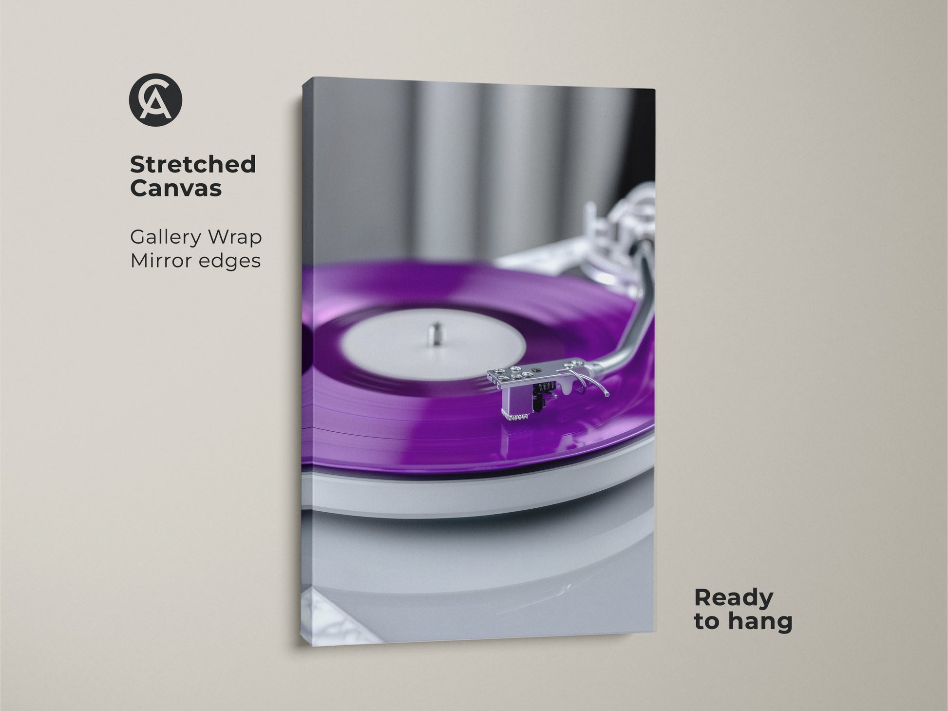 A stretched canvas gallery wrap featuring purple vinyl record art. The artwork embodies a retro music aesthetic. Mirror edges enhance this turntable canvas print. It arrives ready to hang. It's a great gift for record collectors.