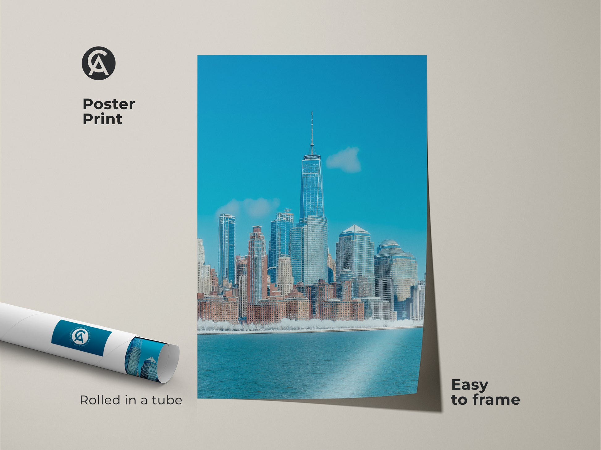 Poster print displaying a blue New York City skyline. This modern cityscape is an easy to frame artwork. Rolled in a tube this contemporary architecture print adds an urban touch to any room.