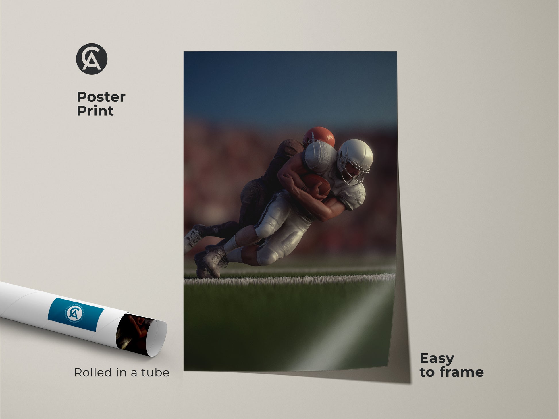 Poster print showcasing a dynamic football tackle. Easy to frame this photorealistic sports action wall art is perfect for any sports enthusiast. This football action canvas print captures the energy of team sports. A striking wall art piece for a den man cave or sports themed room.