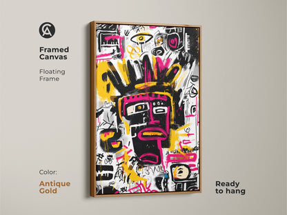 Framed canvas art featuring an abstract face artwork. An antique gold floating frame enhances the art. This modern artwork is ready to hang. The black face has pink details on a white background with colorful accents.