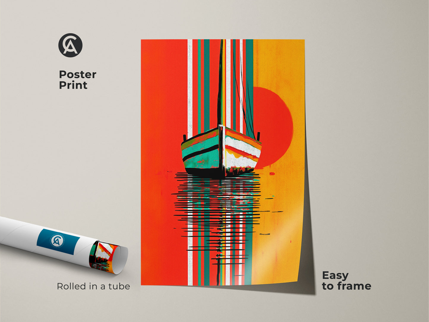 This poster print features abstract seascape artwork rolled in a tube. The coastal sunset art displays a nautical sailboat. It is easy to frame and hang for any home.