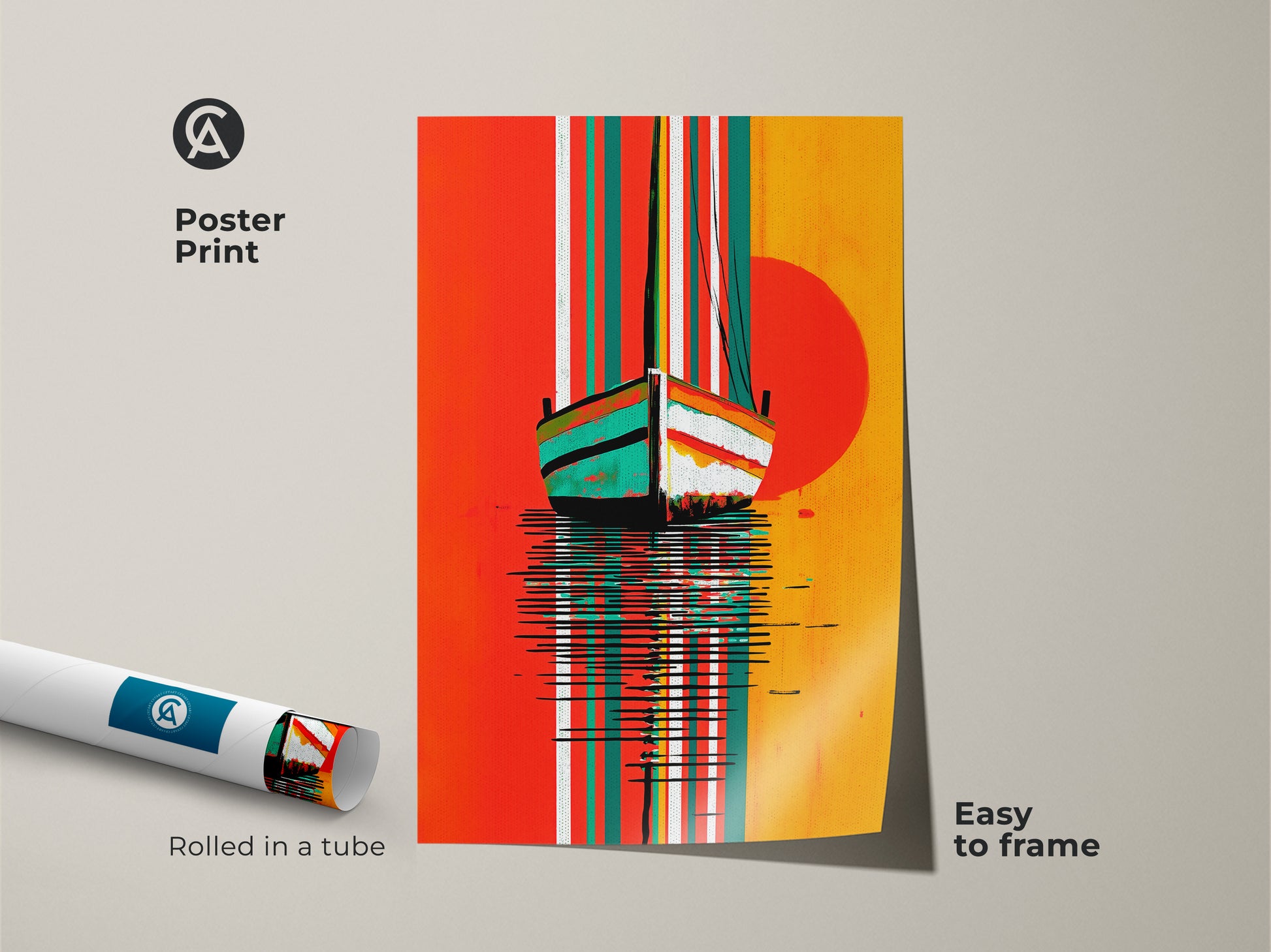 This poster print features abstract seascape artwork rolled in a tube. The coastal sunset art displays a nautical sailboat. It is easy to frame and hang for any home.