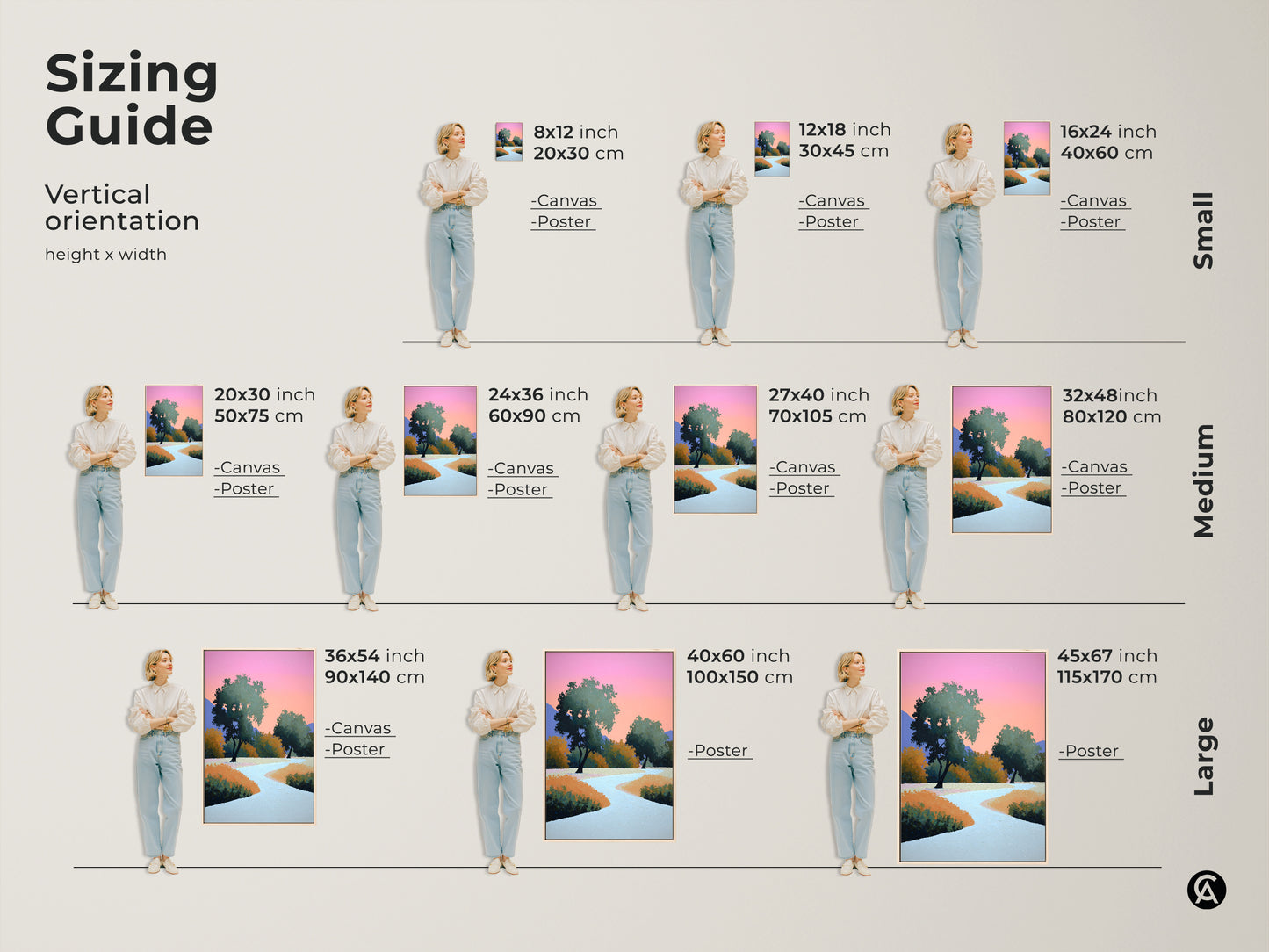 Sizing guide showing the modern abstract landscape canvas in various sizes. Vertical orientations are available. Find the perfect fit for your space with small medium and large options. Transform your bedroom decor with nature.