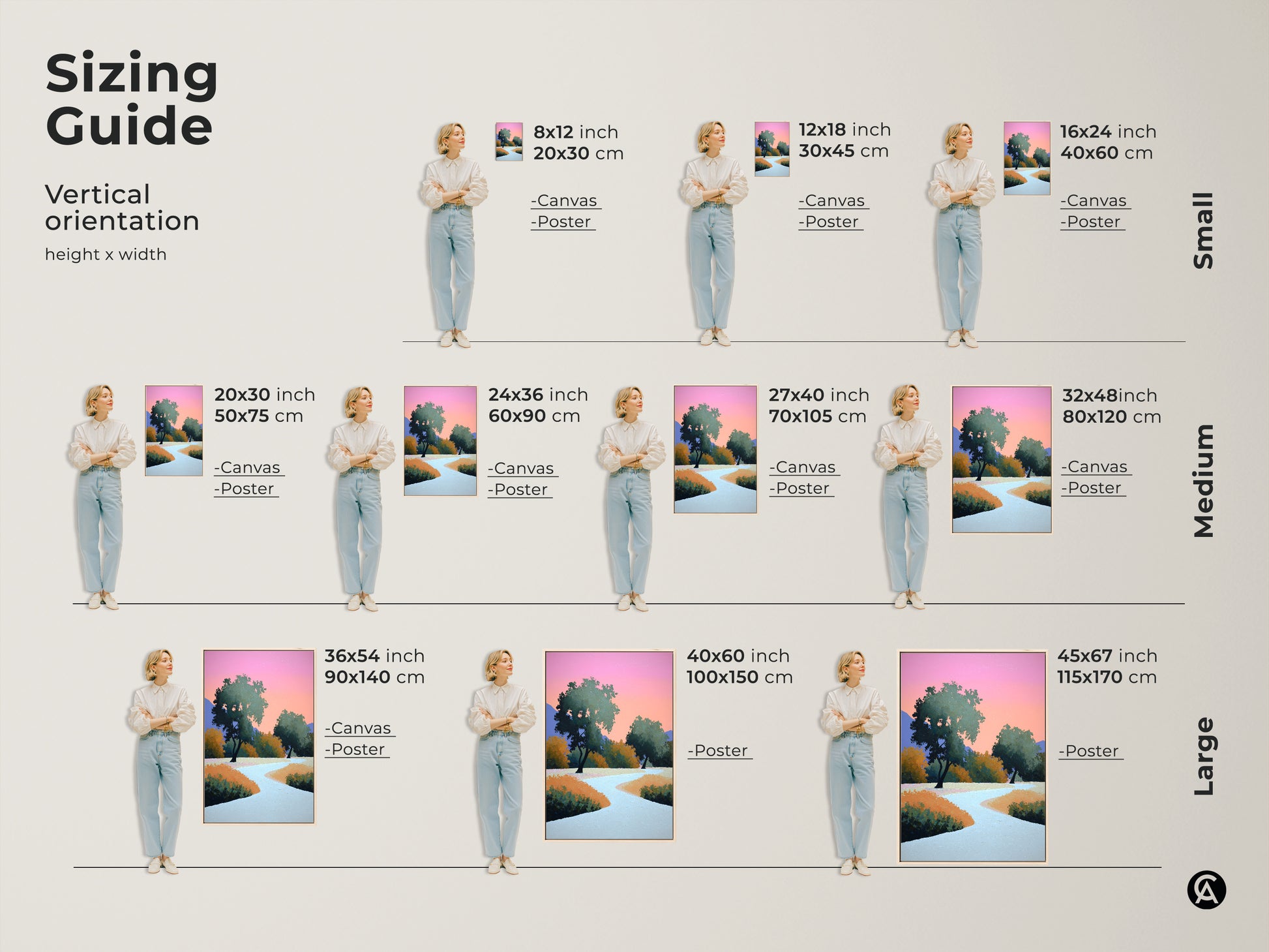 Sizing guide showing the modern abstract landscape canvas in various sizes. Vertical orientations are available. Find the perfect fit for your space with small medium and large options. Transform your bedroom decor with nature.
